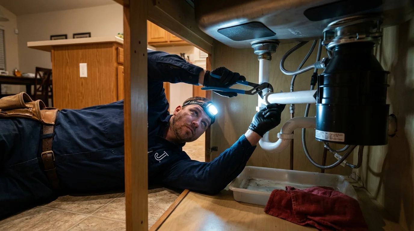 P-trap and supply line connections under a kitchen sink showing a common leak point in Fairfield, CA